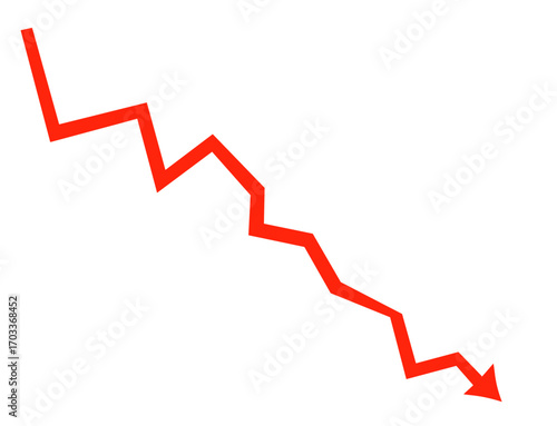 Red arrow graph showing downward trend isolated on transparent background