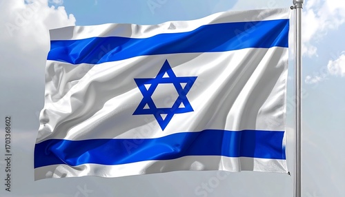 Waving flag with blue star of David on white, between two blue stripes, against a blue cloudy sky