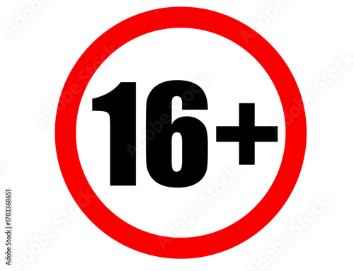 Sixteen plus age restriction warning sign isolated on transparent background