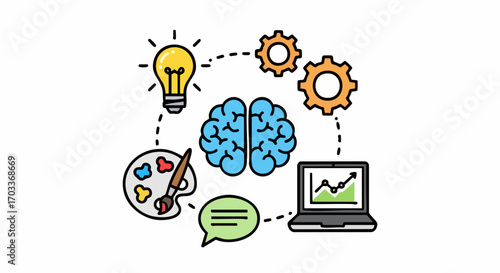 Creative Thinking and Problem Solving - Brain, Lightbulb, Gears, Palette, Laptop.