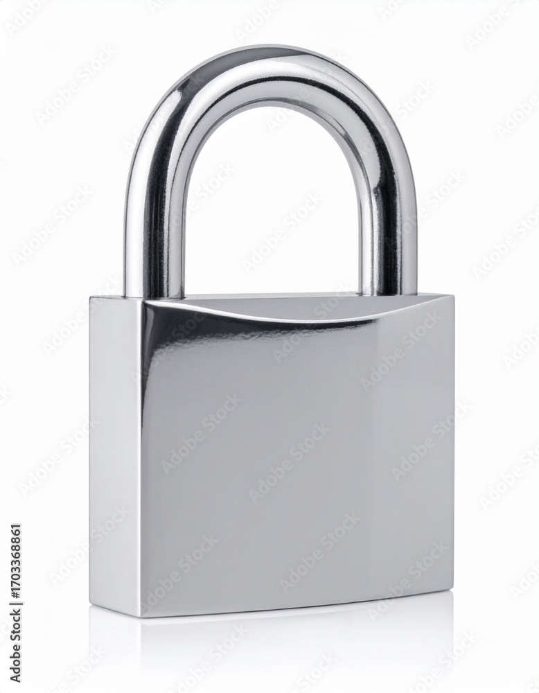 Fototapeta premium Silver Metal Padlock with a Curved Handle Isolated on White Reflective Surface
