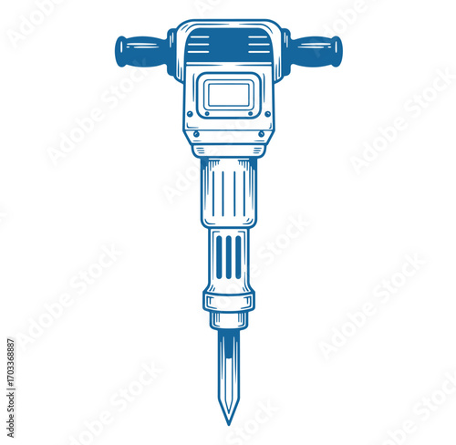 Illustrated vector graphic of a blue and white construction jackhammer tool isolated