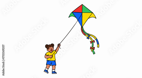 Young girl flying a colorful kite on a windy day.