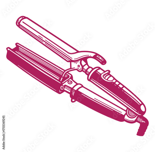 Illustration of a professional curling iron in dark pink on isolated white background