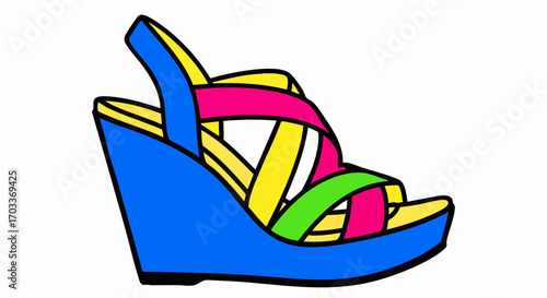 Colorful wedge sandal with multiple straps and vibrant design.