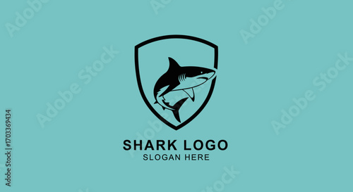A modern shark logo template featuring a black and white shark inside a shield crest on a solid teal background.