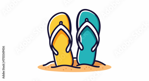 Pair of summer flip flops on sand beach.