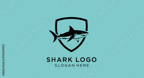 A stylized illustration of a shark within a shield, presented on a teal background with text.