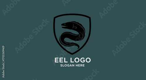 Simple black eel logo design within a shield, featuring a stylized eel graphic.