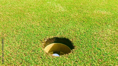 Golf Ball Rolling on Green into the Hole. Golf ball rolling on green into the hole, symbol of precision, victory, and success.