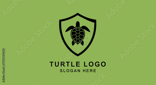 A black turtle silhouette inside a shield emblem, a concept for a logo design on a green background.