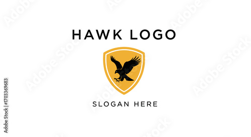 A modern logo design featuring a black hawk silhouette inside a golden yellow shield with sample text.