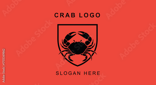 A black crab silhouette logo design inside a shield on a red background with placeholder text.