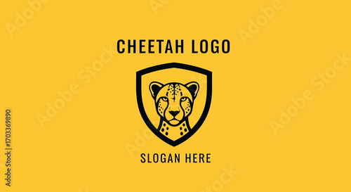 A stylized cheetah logo design featuring a shield, text, and a vibrant yellow background.