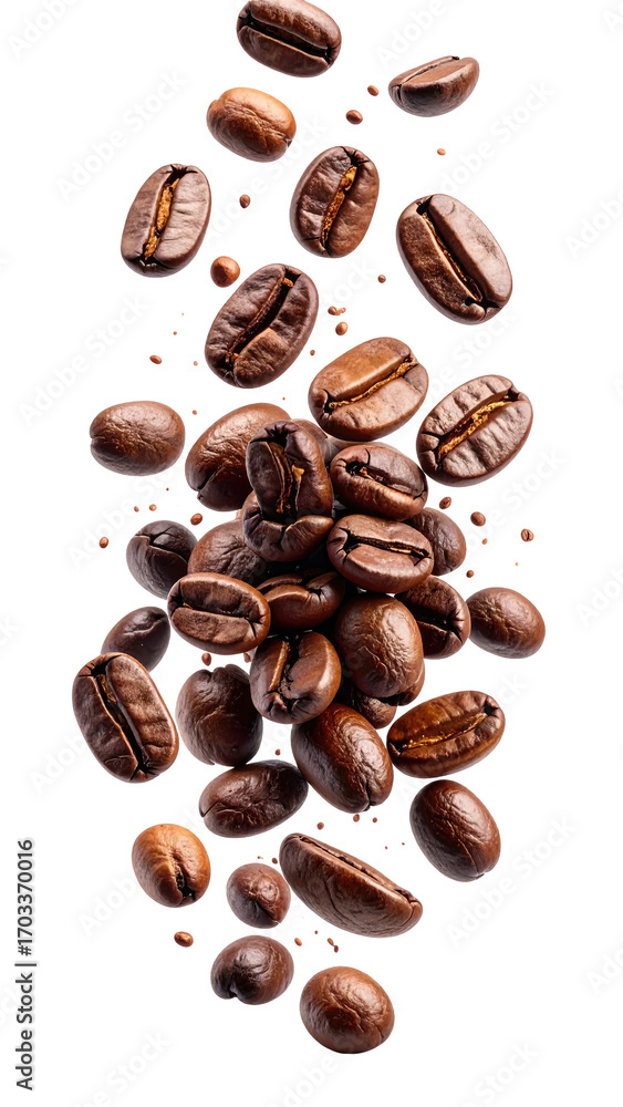 Naklejka premium Coffee beans cascading in a vertical composition