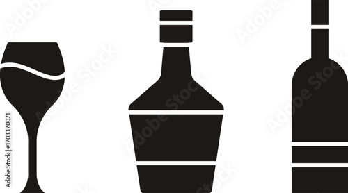 Vector illustration of a bottle and glass of red wine on the table in vintage elegant minimal style