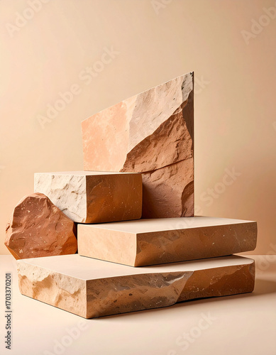 Abstract Rough Stone Blocks Stacked on Beige Background for Product Display and Studio Shot