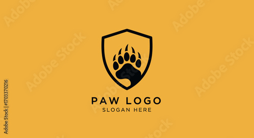 Modern animal paw print logo design featuring a protective shield on a warm yellow backdrop.
