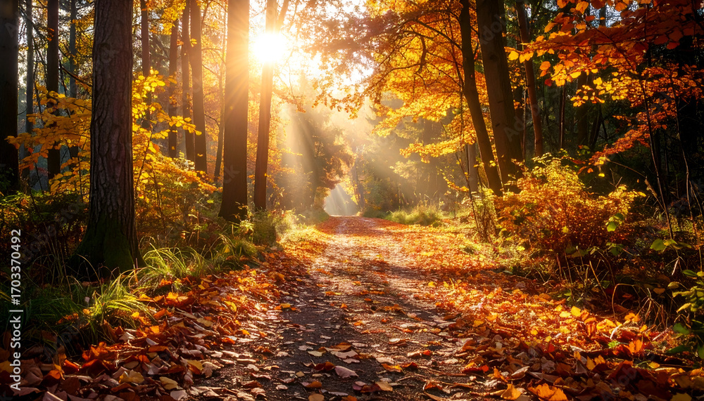 Obraz premium Sunlight streams through autumn trees illuminating a forest path with fallen leaves.