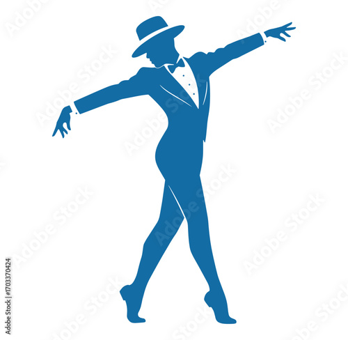 Stylish blue silhouette of a graceful male dancer wearing formal attire and a hat