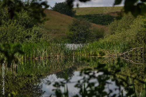 View across a pond into the mountainous landscape