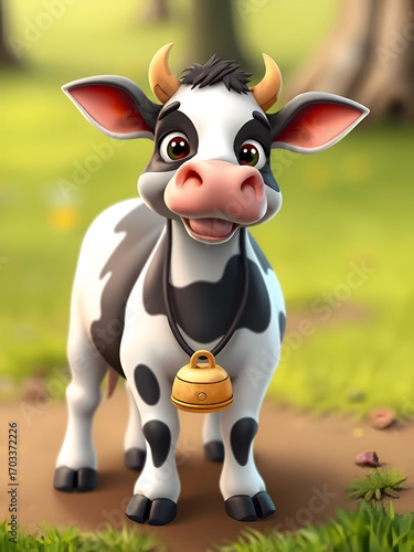 a cartoon cow with a bell on its neck
