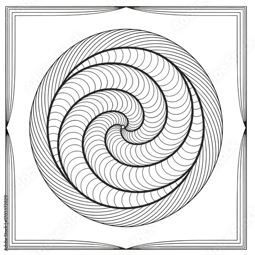 Swirling geometric pattern in black and white with intricate line design in a circular formation
