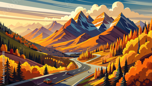 Panoramic view of scenic drive in San Juan Mountains Colorado, colorful autumn trees glowing amber, gold, and crimson, evening sun lit peaks, serene landscapes, and breathtaking mountain passes showca