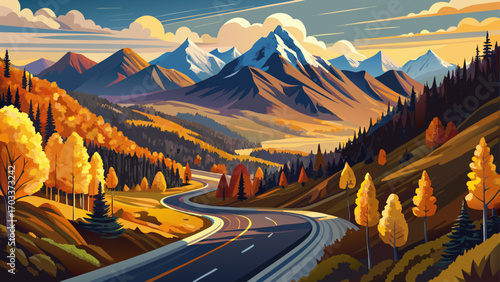 Panoramic view of scenic drive in San Juan Mountains Colorado, colorful autumn trees glowing amber, gold, and crimson, evening sun lit peaks, serene landscapes, and breathtaking mountain passes showca