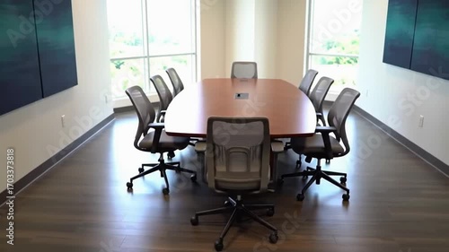 A conference room featuring a large wooden table surrounded by office chairs and wall art decor