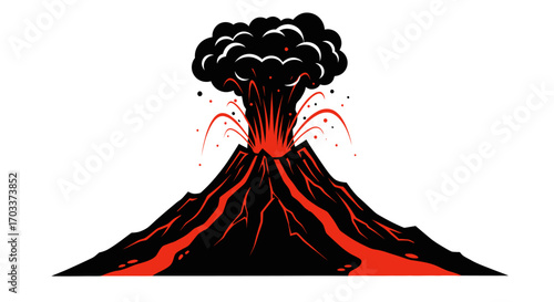 Striking volcanic eruption illustration with dynamic lava flows and billowing ash cloud