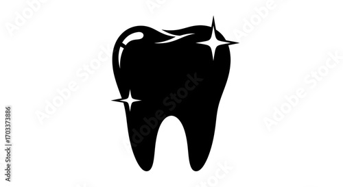 Stylized black and white image of a molar with sparkles emphasizing oral hygiene