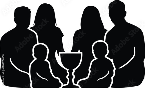 Silhouette of a family with a chalice, representing a religious ceremony or achievement, isolated on transparent background