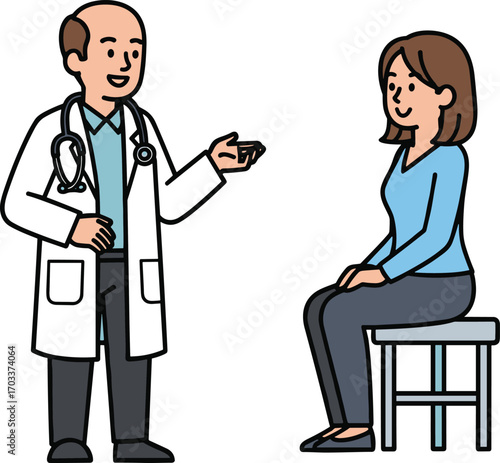 Bald male doctor consulting seated female patient, healthcare professional, medical advice, patient care, hospital visit, doctor patient communication, clinical consultation.