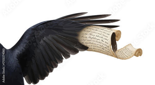 Surreal avian postal service concept with detailed crow wing carrying ancient parchment