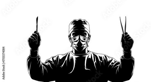 Surgeon wielding surgical tools in monochrome illustration for medical themes