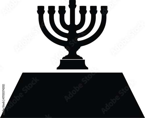 Black silhouette of a menorah on a pedestal, isolated on transparent background