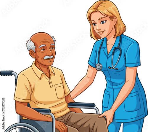 Female nurse helping elderly man in wheelchair, senior care, medical support, home nurse, healthcare service, aged assistance, trust, compassion
