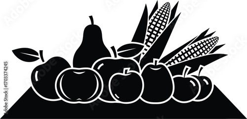Black silhouette of a variety of fruits and vegetables including apples, pear, and corn, isolated on transparent background