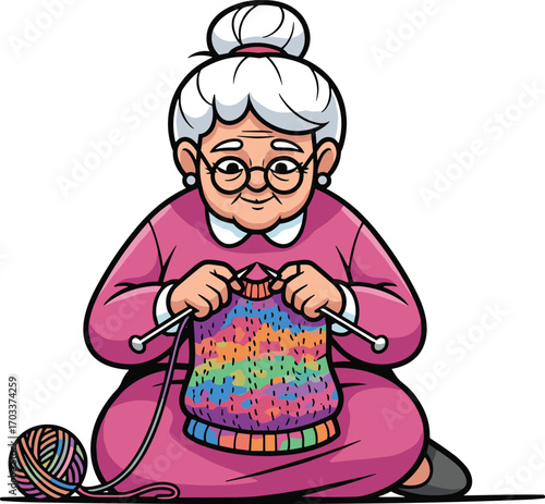 Elderly woman knitting colorful sweater, sitting cross-legged, wearing glasses, pink dress, enjoying handmade craft, cozy, traditional hobby, senior lifestyle.
