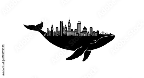 Urban leviathan a surreal fusion of marine life and cityscape in monochrome silhouette