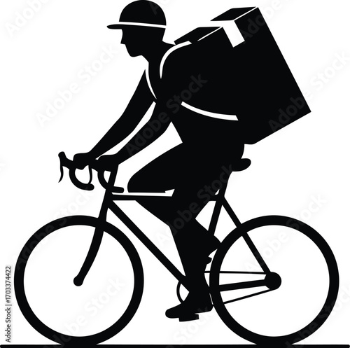 Silhouette of a delivery person riding a bicycle with a large bag on their back, symbolizing fast urban delivery, isolated on transparent background