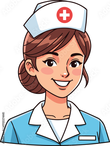 Smiling female nurse wearing blue uniform and traditional white nurse hat with red cross, healthcare professional, medical staff, hospital worker, friendly nurse.