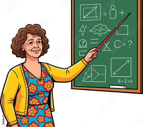 Smiling female teacher explaining math on chalkboard, pointing with stick, classroom scene, educational illustration, professional teaching moment