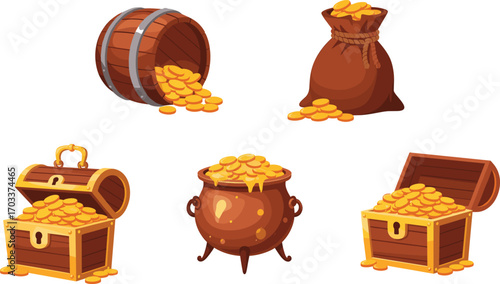 Wooden barrel, sack, treasure chests, and cauldron filled with gold coins, wealth and treasure vector illustration for finance, fantasy, and adventure design
