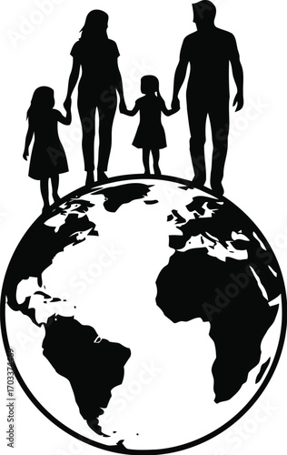 Silhouette of a family standing on top of a globe, representing global family unity and environmental consciousness, isolated on transparent background