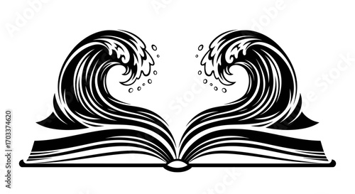 Abstract illustration of a book with waves as pages symbolizing ocean stories