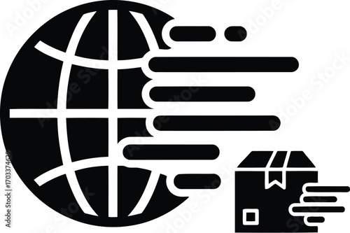 Global shipping and delivery icon with a package moving around the world, isolated on transparent background
