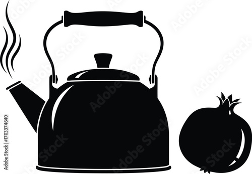 Silhouette of a steaming teapot next to a pomegranate, isolated on transparent background