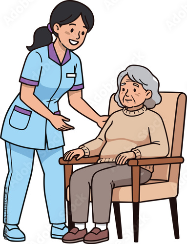 Young nurse assisting elderly woman in chair, senior care, home help, healthcare support, compassion, nursing, caregiver, trust, aged person